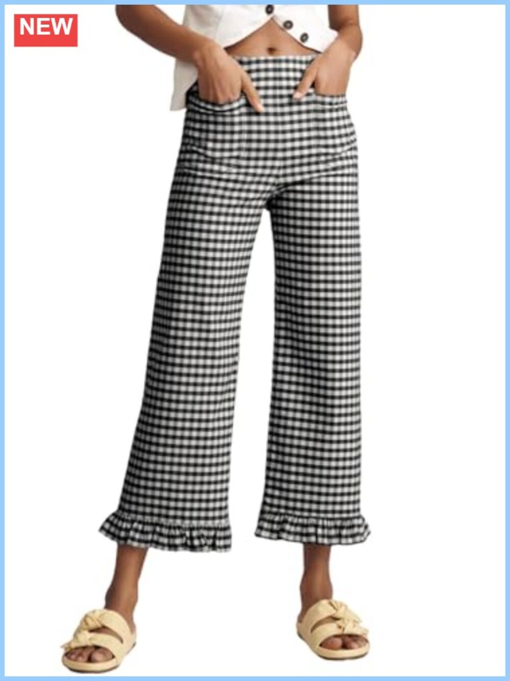 Women's Gingham Ruffle Cropped Trousers High Waist Straight Leg Pull On Pants